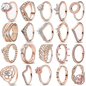 2023 Женские украшения, серебро 925 пробы, Классическое кольцо из розового золота, кольцо с сияющей Короной, изысканный подарок на день рождения