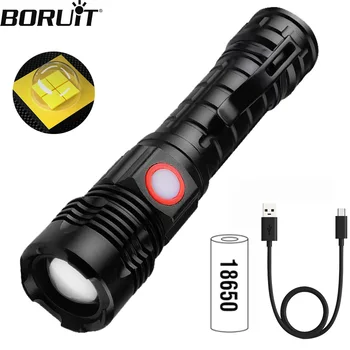 BORUiT, мощные светодиодные фонари, 5 режимов освещения, мощный фонарик, перезаряжаемый через USB, Масштабируемый фонарь для самообороны, Походный фонарь