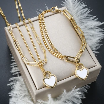 Fashion Create Подвеска в виде сердца любви, две разные цепочки, Позолоченное ожерелье, браслет для женщин, набор украшений из нержавеющей стали