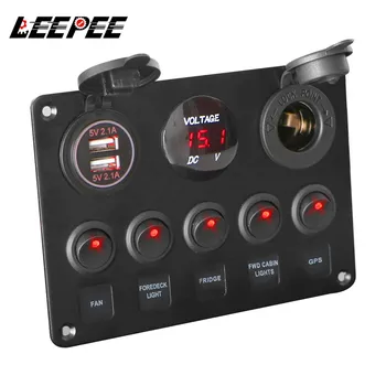 LEEPEE 5 Gang 12V Водонепроницаемая встроенная панель переключения, Цифровой вольтметр, Двойной USB-порт для лодки, автомобиля, морских светодиодных аксессуаров-качалок