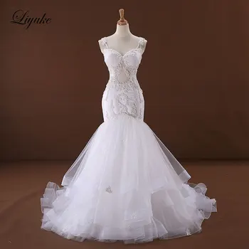 Liyuke J170 Элегантное Свадебное платье Русалки из Тюля С аппликацией в виде сердца, Расшитое бисером, на бретельках, платье невесты, свадебное платье-халатик