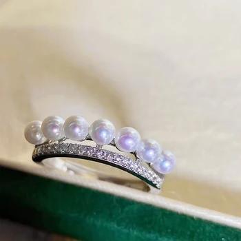 MeiBaPJ Кольцо с натуральным круглым жемчугом 3-4 мм, настоящее серебро 925 пробы, пустой держатель, изысканные свадебные украшения для женщин
