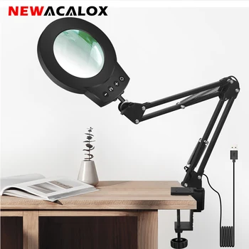 NEWACALOX 5X / 10X Увеличительное Стекло Настольная Лампа С Сенсорным Управлением, 5 Цветных Регулируемых Ламп Для Наращивания Ногтей, Подсветка Для Чтения