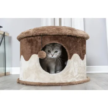 TRIXIE Коричнево-Бежевый Уютный Плюшевый чехол для Комнатной Кошки с Игрушкой для кошки на веревочке