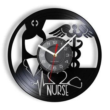 Ангел медсестры В белой виниловой музыкальной пластинке Настенные часы Доктор Медсестра Больница Винтажный дизайн Настенные часы с подсветкой Декор стен Поделки