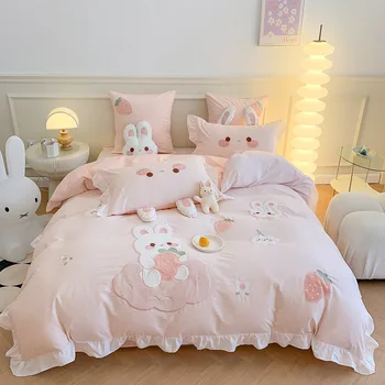 Бесплатная подушка из хлопка с милым кроликом, выстиранный хлопок, комплект из 4 предметов, хлопковый пододеяльник с вышивкой, простыня для детей, 1,2 кровати оптом