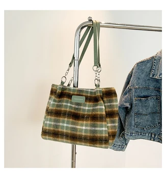 Винтажная модная ручная сумка-тоут через плечо в клетку с контрастным цветом большой емкости для пригородных поездок