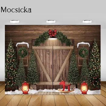 Деревянная дверь Моксика, Рождественская елка, фоны для фотосъемки, Сосновый венок, Снежный младенец, детский фон для фотосъемки, реквизит для фотостудии