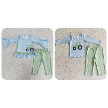 Детская рубашка-трактор с длинными рукавами, Зеленые брюки в клетку, пижамы, детская одежда, пижамы для малышей, комплект пижам в тон для мальчиков и девочек
