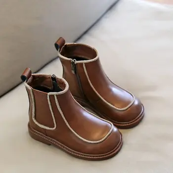 Детские ботинки на молнии с квадратным каблуком для маленьких девочек; сезон осень-зима; модная детская однотонная обувь, сохраняющая тепло; флисовая обувь с добавлением флиса Hw44