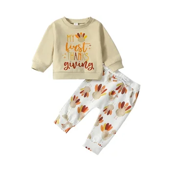 Детский комплект одежды на День Благодарения из 2 предметов, милая толстовка с длинными рукавами и штанами с принтом Индейки и надписью для осенней одежды для младенцев
