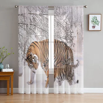 Дикий тигр, гуляющий по снегу Зимние тюлевые занавески для гостиной, Шифоновая прозрачная вуаль, занавеска для кухни, спальни