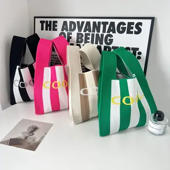 Женская сумка на запястье с вязаным узлом, модная Корейская сумочка ручной вязки в широкую полоску, Женские сумки-тоут, Многоразовые сумки для покупок