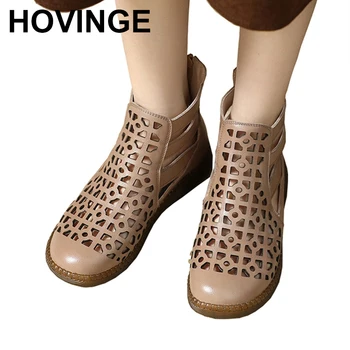 Женские летние ботинки, мода 2023, новые женские сандалии из натуральной кожи, женская обувь с полым дизайном, нескользящая, с круглым носком
