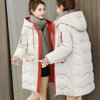 Зимнее женское пальто средней длины с капюшоном, парки с хлопковой подкладкой, 4XL, теплое утолщенное повседневное пальто, Свободная зимняя одежда, однотонная верхняя одежда, куртка