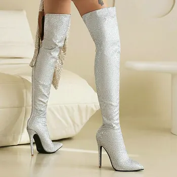 Золотые, серебряные женские ботфорты выше колена С острым носком на тонком высоком каблуке, женские длинные ботинки из искусственной кожи с застежкой-молнией сзади, вечерние женские ботинки