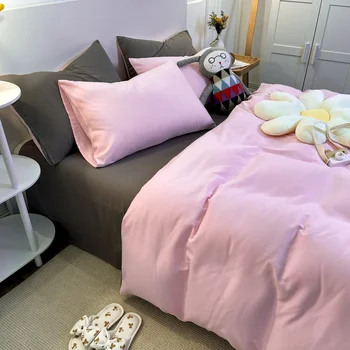 Комплекты постельного белья из однотонного одеяла розового / серого цвета, Односпальная Двуспальная кровать King Size 200x230 см, пододеяльники, Плоская простыня для взрослых