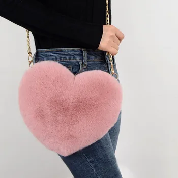 Модные женские сумки в форме сердца Милые кавайные сумки через плечо из искусственного меха Кошелек Кошелек Плюшевая сумка на цепочке Женская сумочка