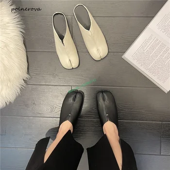 Модные однотонные туфли-лодочки Tabi с раздельным носком, новейшие кожаные туфли-лодочки на низком каблуке, модельные туфли на массивном каблуке для женщин 2023, Осенний Элегантный досуг