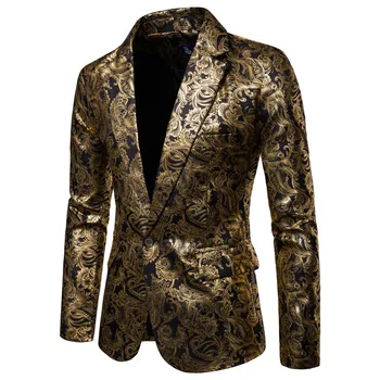 Мужские золотые блейзеры в цветочек, деловой повседневный костюм, свадебное платье, Золотой блейзер, пальто, куртки