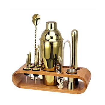 Набор для коктейль-бара, набор для миксологии бармена: набор барных инструментов из 12 предметов со стильной бамбуковой подставкой (золотой)