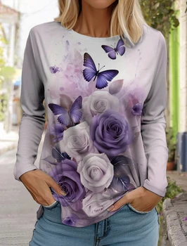 Новая женская футболка с длинным рукавом и цветочным графическим 3D принтом, осенняя повседневная элегантная и молодежная женская блузка, женская свободная одежда