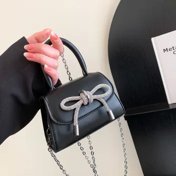 Новая мини-сумка через плечо с бриллиантами и бантом, роскошные брендовые сумки через плечо из цельной кожи с клапаном для женщин, модные кошельки и сумки на цепочке.