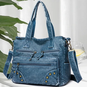 Новая модная женская сумка из винтажного денима, Мягкие сумки из искусственной кожи, сумка-тоут большой емкости, множество карманов, сумка-мессенджер sac