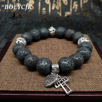 Новое поступление, браслеты из бус из лавового камня, модные украшения, браслет из натурального камня с черным Крестом Для мужчин, подарок 