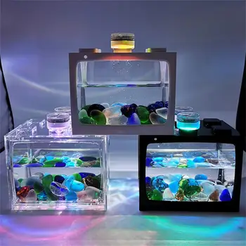 Новый маленький аквариум для рыб с семицветной светодиодной подсветкой, настольный креативный микроландшафтный экологический аквариум, мини-аквариум с тропическими рыбками 