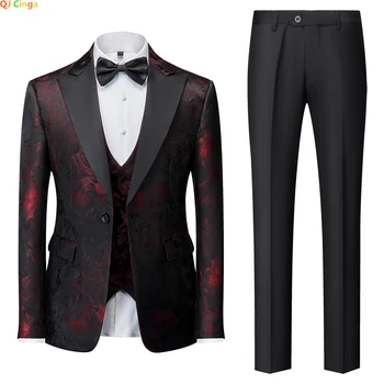 Новый мужской костюм-тройка из красной жаккардовой ткани, пиджак с брюками, жилет, блейзер для свадебной вечеринки, пальто, брюки, мужские комплекты