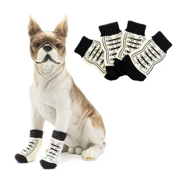 Обувь для собак из трикотажной ткани, 4 шт., Носки для милых мультяшных собак, теплая милая обувь для собак для маленьких собак, противоскользящие вязаные носки для домашних животных в полоску