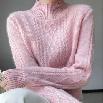Осенне-зимний свитер, Новинка 2024 года, женский теплый кашемировый свитер, Свободная трикотажная нижняя рубашка с высоким воротом большого размера