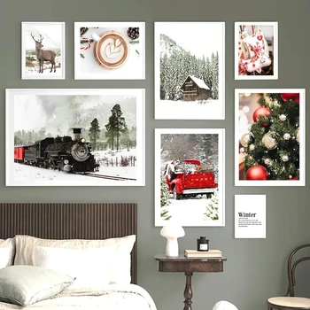 Поезд с оленем, Кофе, Снежный Домик, Рождественская елка, Плакаты с красными автомобилями, принты на холсте, настенные рисунки для домашнего декора в гостиной