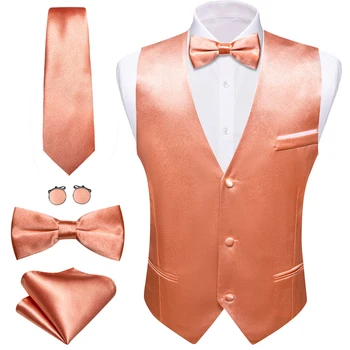 Роскошный шелковый жилет для мужчин Кораллово-розовый Однотонный свадебный жилет Галстук Бабочка Комплект Жакет без рукавов Повседневный деловой костюм Barry Wang