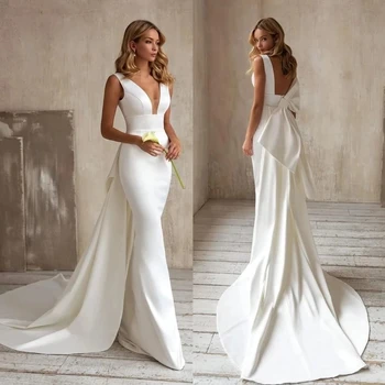 Свадебное платье Русалка 2023, съемный шлейф, бант с V-образным вырезом, Элегантное белое простое свадебное платье цвета слоновой кости, сшитое по индивидуальным меркам, потрясающее