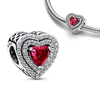 Сверкающий выровненный шарм в виде красного сердца подходит к оригинальному браслету Pandora из бисера для женщин, изготовляющих украшения, подарок на День Святого Валентина, сделай сам