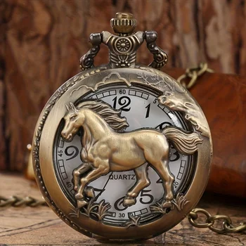 Часы с лошадиным брелоком, модные кварцевые карманные часы, винтажное ожерелье, подвесные часы, подарок, бронзовые карманные часы, цепочка, ожерелье