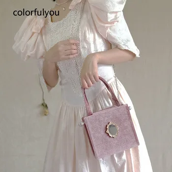 Элегантные женские бархатные сумки, винтажная сумка-тоут с зеркальным дизайном для дам 2023, новые ретро-розовые сумки на цепочке через плечо, кошельки